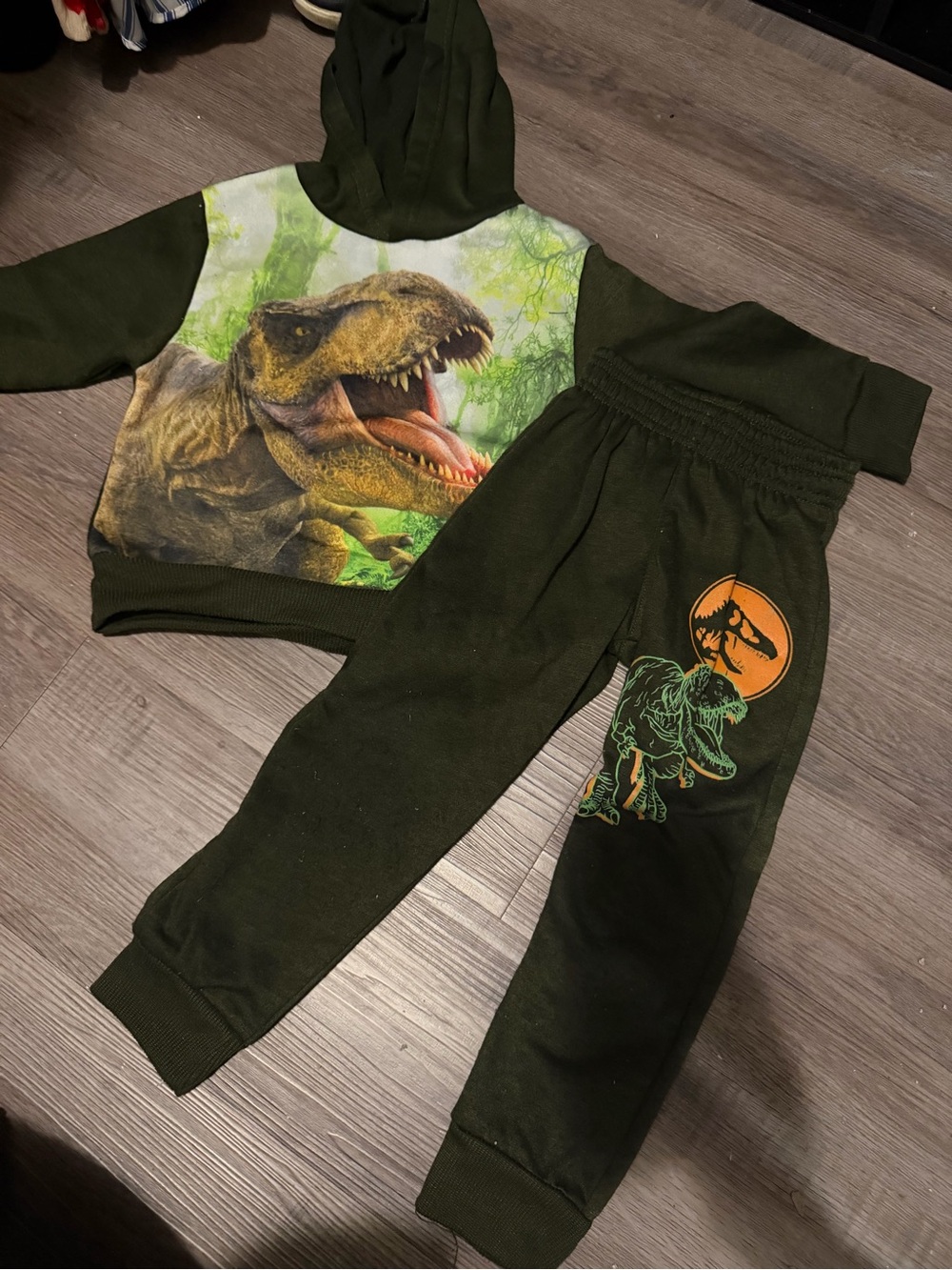 Jurassic World Olive Green Kids Hoodie with Orange Dino Logo & Joggers- 4T